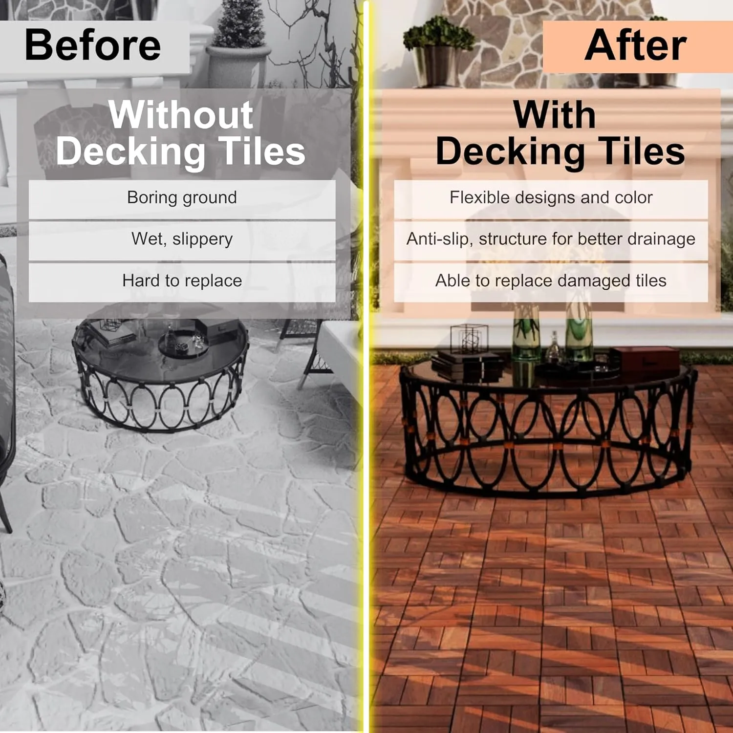 10 Pcs Floor Tiles, Checker Pattern Interlocking Deck Tiles, 12" x 12" Acacia Hardwood Patio Flooring Outdoor Waterproof, Outdoor Wood Flooring Tiles for Patio, Balcony, Poolside, Garden, Brown