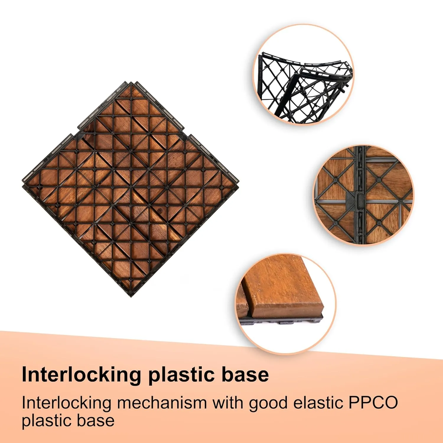 10 Pcs Floor Tiles, Checker Pattern Interlocking Deck Tiles, 12" x 12" Acacia Hardwood Patio Flooring Outdoor Waterproof, Outdoor Wood Flooring Tiles for Patio, Balcony, Poolside, Garden, Brown
