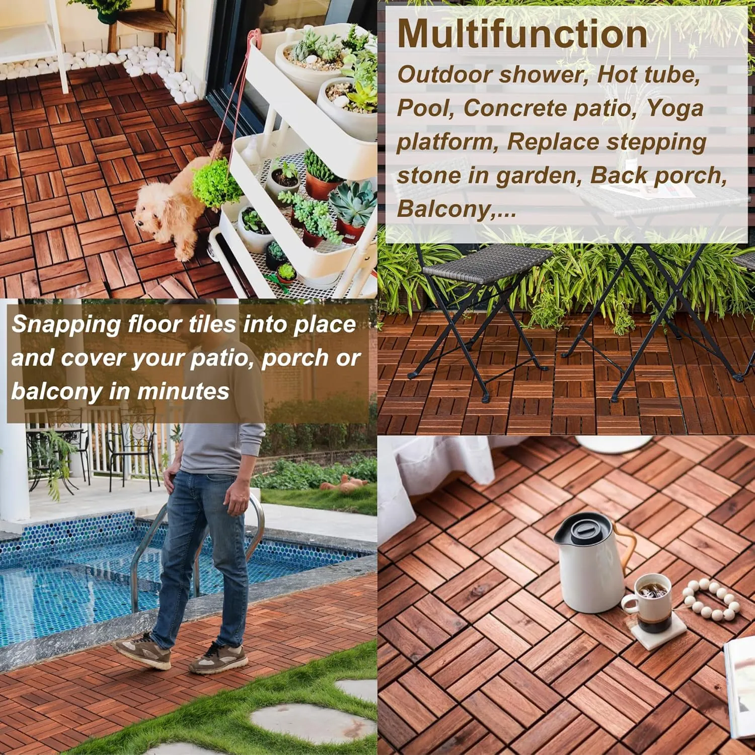 10 Pcs Floor Tiles, Checker Pattern Interlocking Deck Tiles, 12" x 12" Acacia Hardwood Patio Flooring Outdoor Waterproof, Outdoor Wood Flooring Tiles for Patio, Balcony, Poolside, Garden, Brown