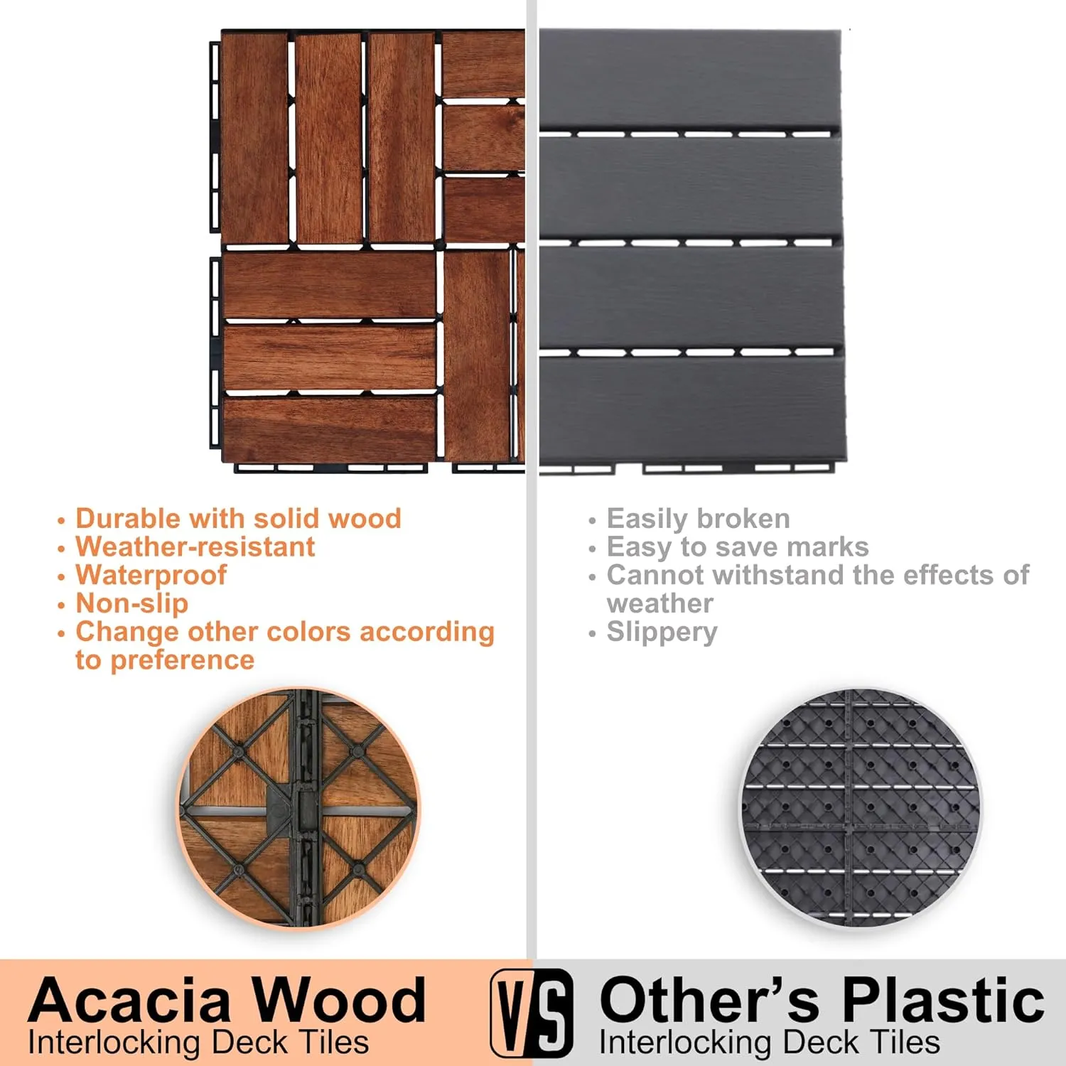10 Pcs Floor Tiles, Checker Pattern Interlocking Deck Tiles, 12" x 12" Acacia Hardwood Patio Flooring Outdoor Waterproof, Outdoor Wood Flooring Tiles for Patio, Balcony, Poolside, Garden, Brown