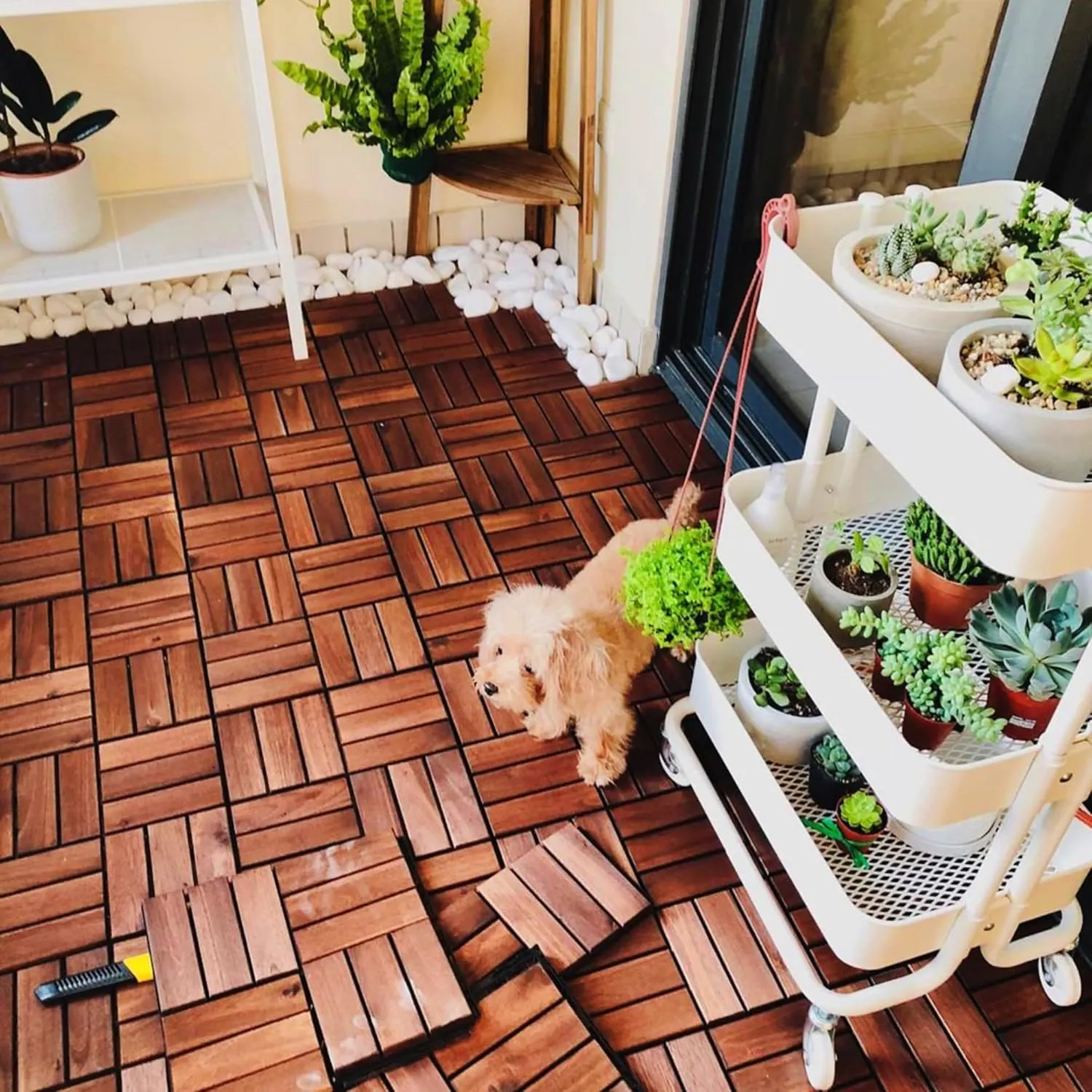 10 Pcs Floor Tiles, Checker Pattern Interlocking Deck Tiles, 12" x 12" Acacia Hardwood Patio Flooring Outdoor Waterproof, Outdoor Wood Flooring Tiles for Patio, Balcony, Poolside, Garden, Brown
