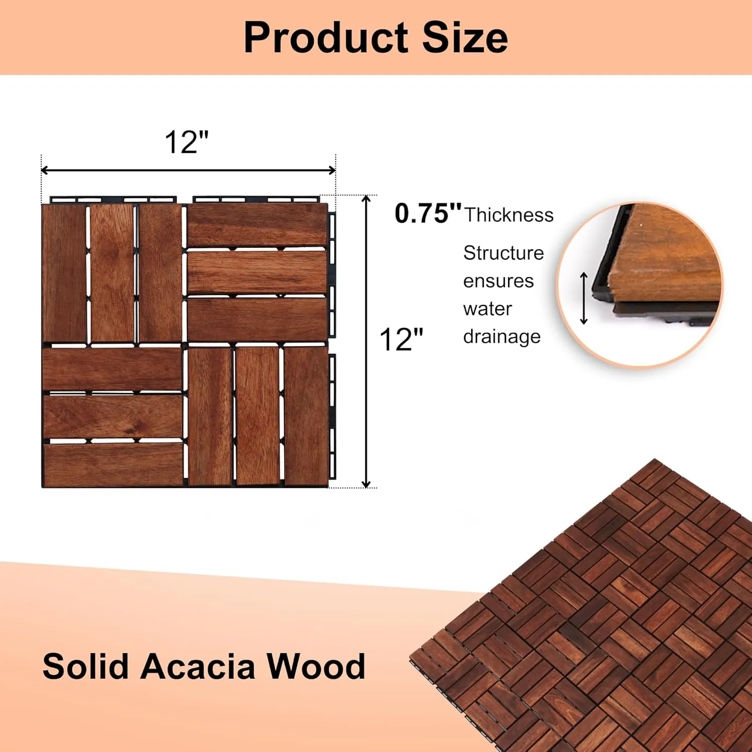 10 Pcs Floor Tiles, Checker Pattern Interlocking Deck Tiles, 12" x 12" Acacia Hardwood Patio Flooring Outdoor Waterproof, Outdoor Wood Flooring Tiles for Patio, Balcony, Poolside, Garden, Brown