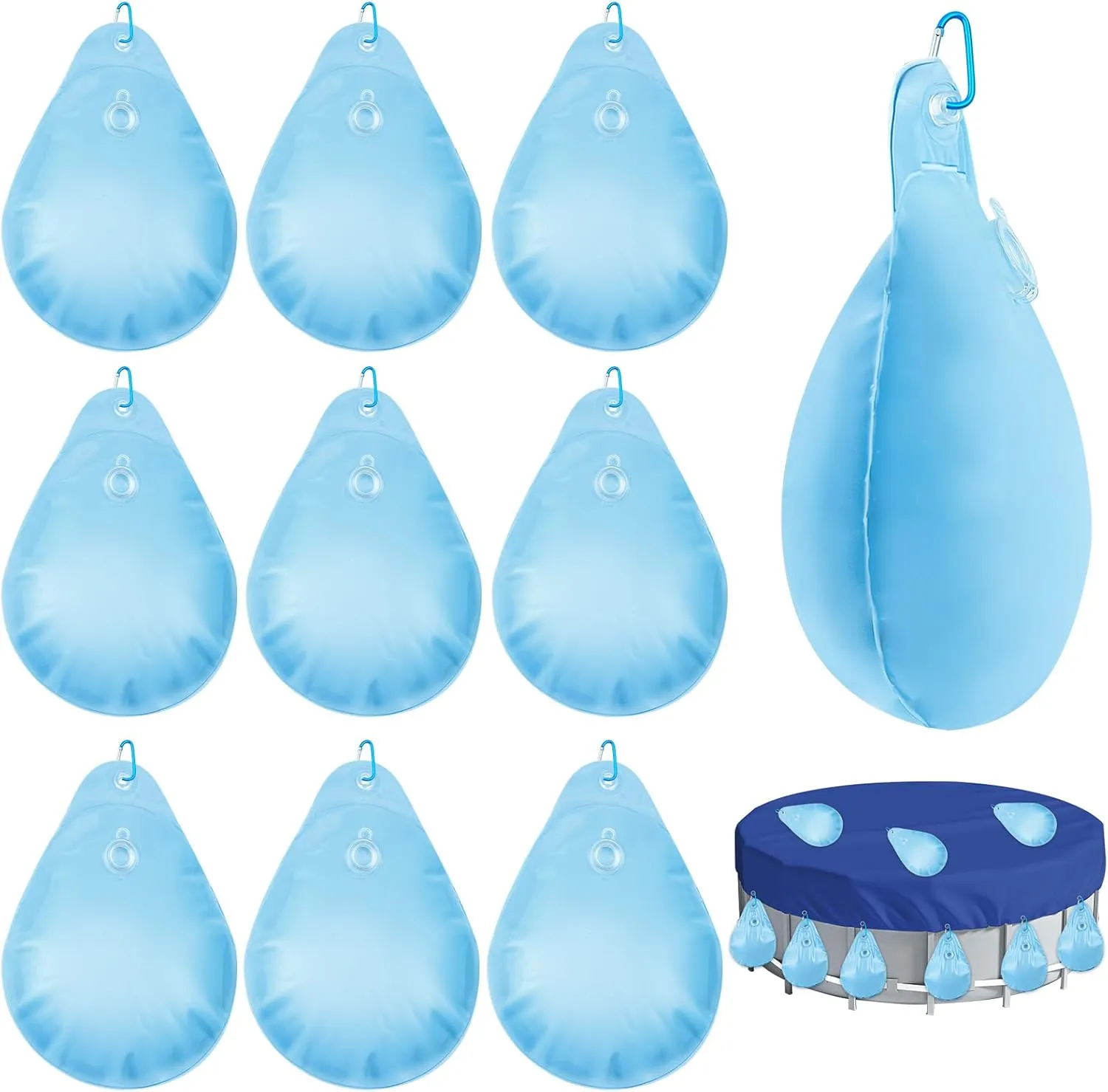 10 PCS Pool Cover Weights Winter Pool Water Bag Tarp Water Weights with Hook Heavy Duty Thick PVC Pool Cover Hanging Bag for Above Ground Swimming Pool Closing Kit