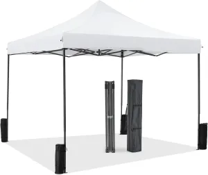 10x10ft Pop Up Canopy Tent Easy Setup Outdoor Shade Instant Portable Sun Shelter Canopy Tent for Parties Camping Beach (White)