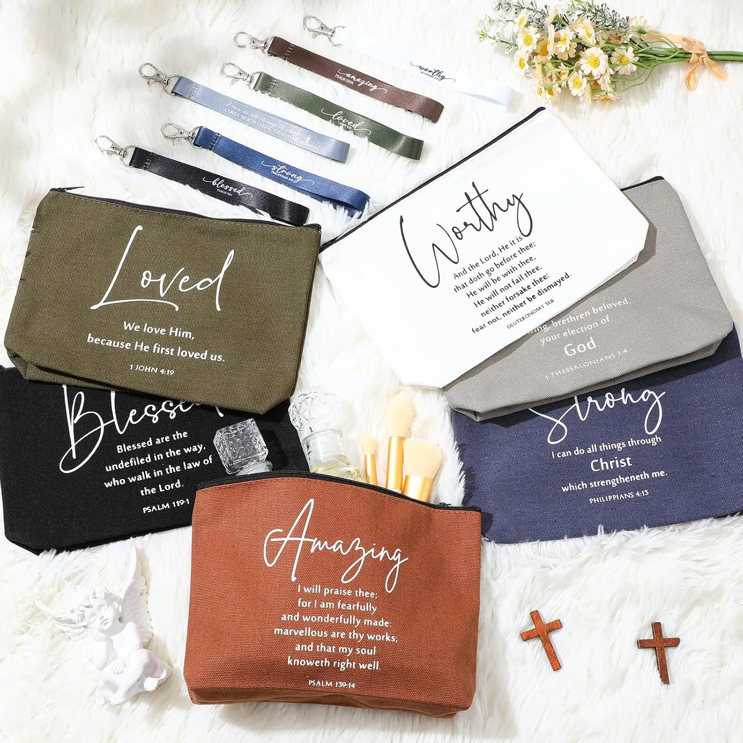 12 Pcs Fathers Day Christian Gift Bulk Religious Makeup Bag Bible Verse Lanyard Keychain for Women Men Church Nurse(Neutral Colors,English Bible Word)