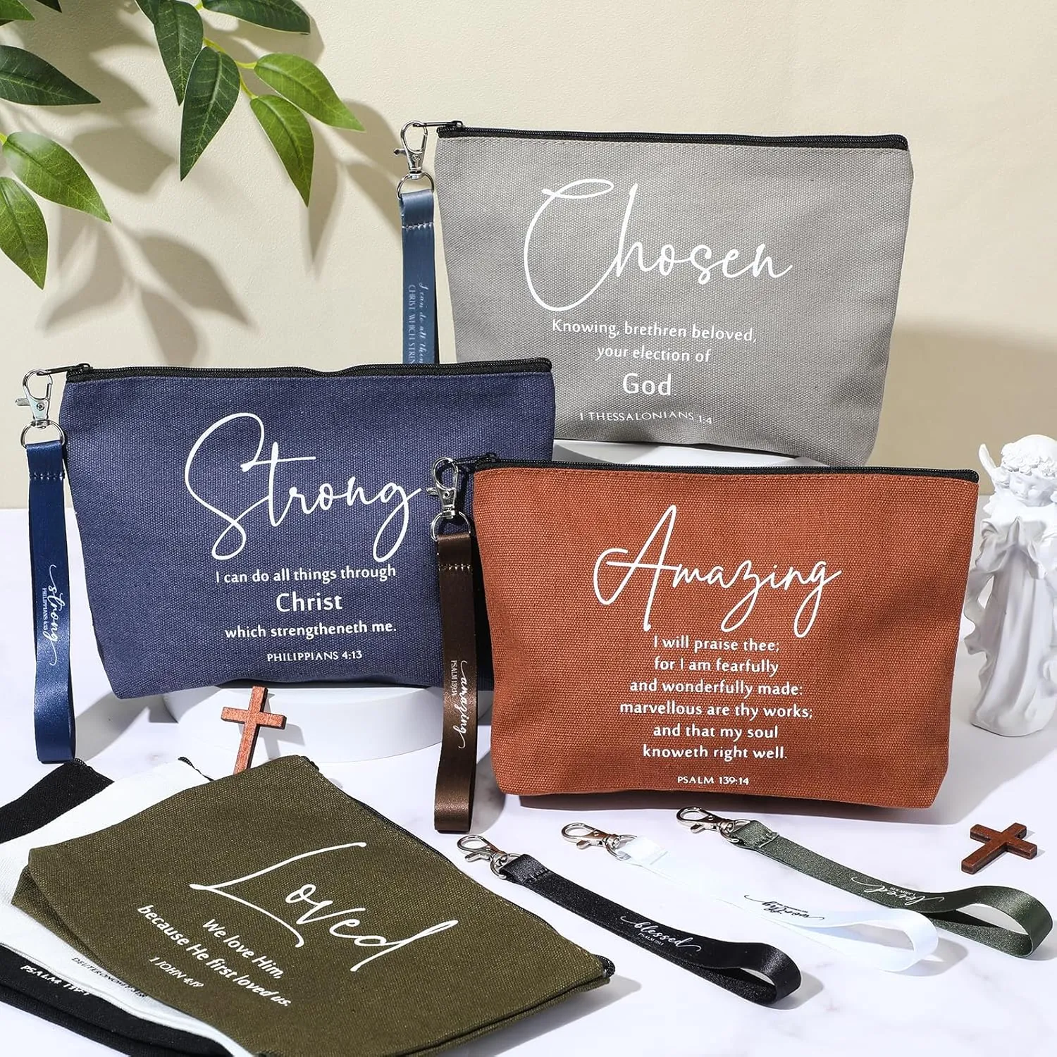 12 Pcs Fathers Day Christian Gift Bulk Religious Makeup Bag Bible Verse Lanyard Keychain for Women Men Church Nurse(Neutral Colors,English Bible Word)
