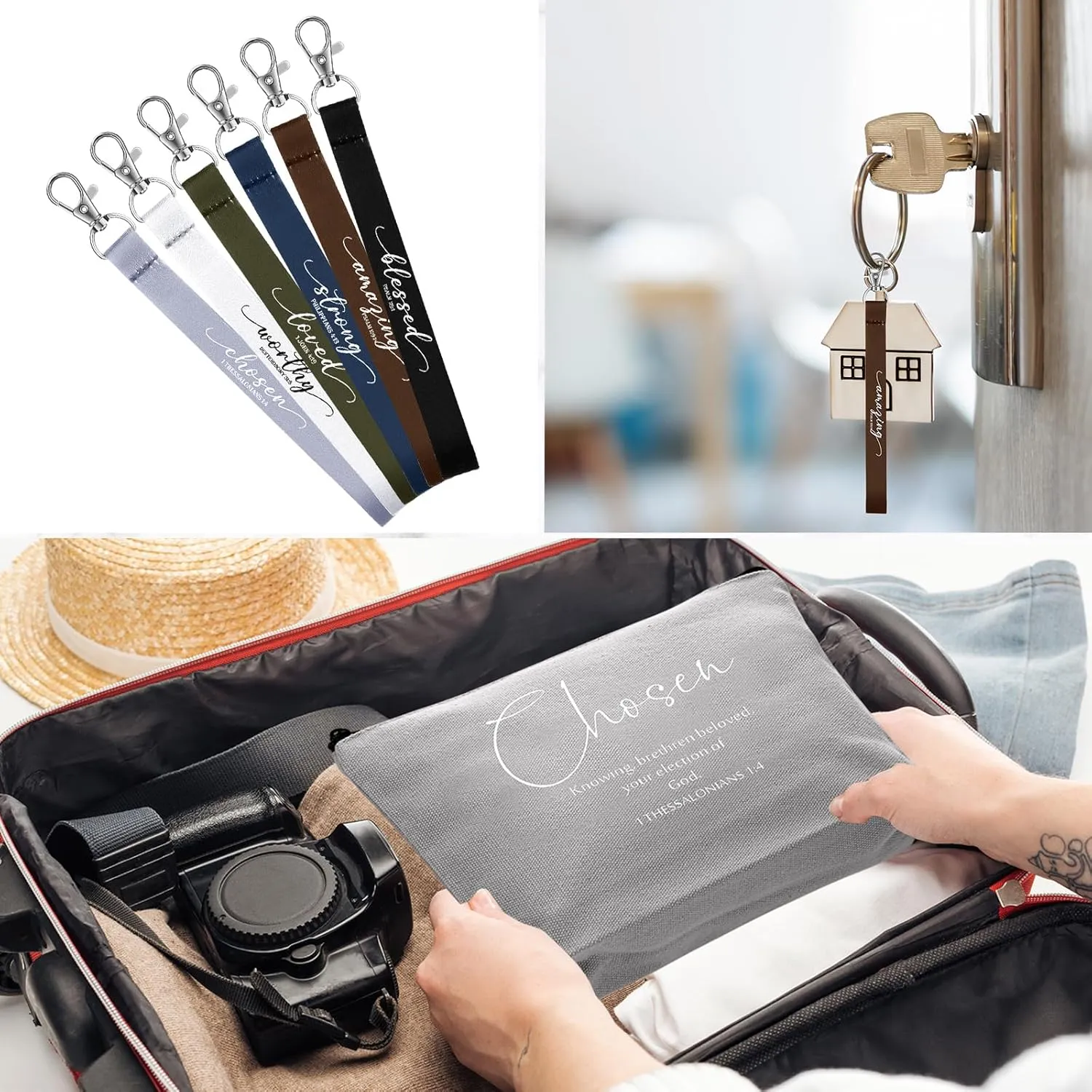 12 Pcs Fathers Day Christian Gift Bulk Religious Makeup Bag Bible Verse Lanyard Keychain for Women Men Church Nurse(Neutral Colors,English Bible Word)