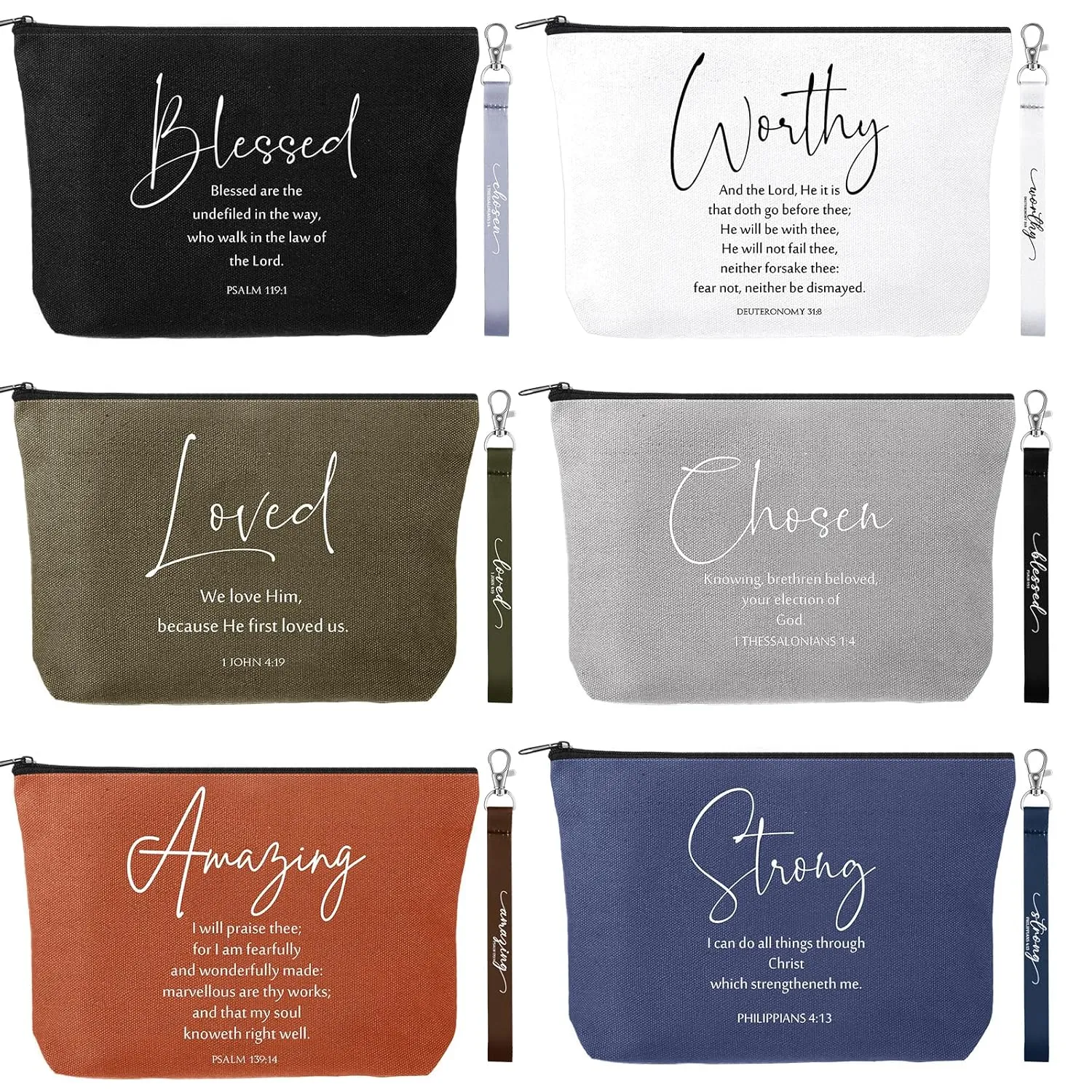 12 Pcs Fathers Day Christian Gift Bulk Religious Makeup Bag Bible Verse Lanyard Keychain for Women Men Church Nurse(Neutral Colors,English Bible Word)