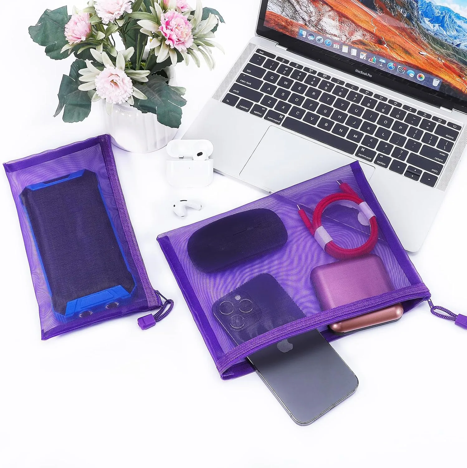 12 Pieces Zipper Nylon Mesh Pouch, Mesh Cosmetic Bags Makeup Bags Pencil Case, Multipurpose Travel Bags for Cosmetic School Office Supplies and Travel Accessories (Purple, A5 B6)