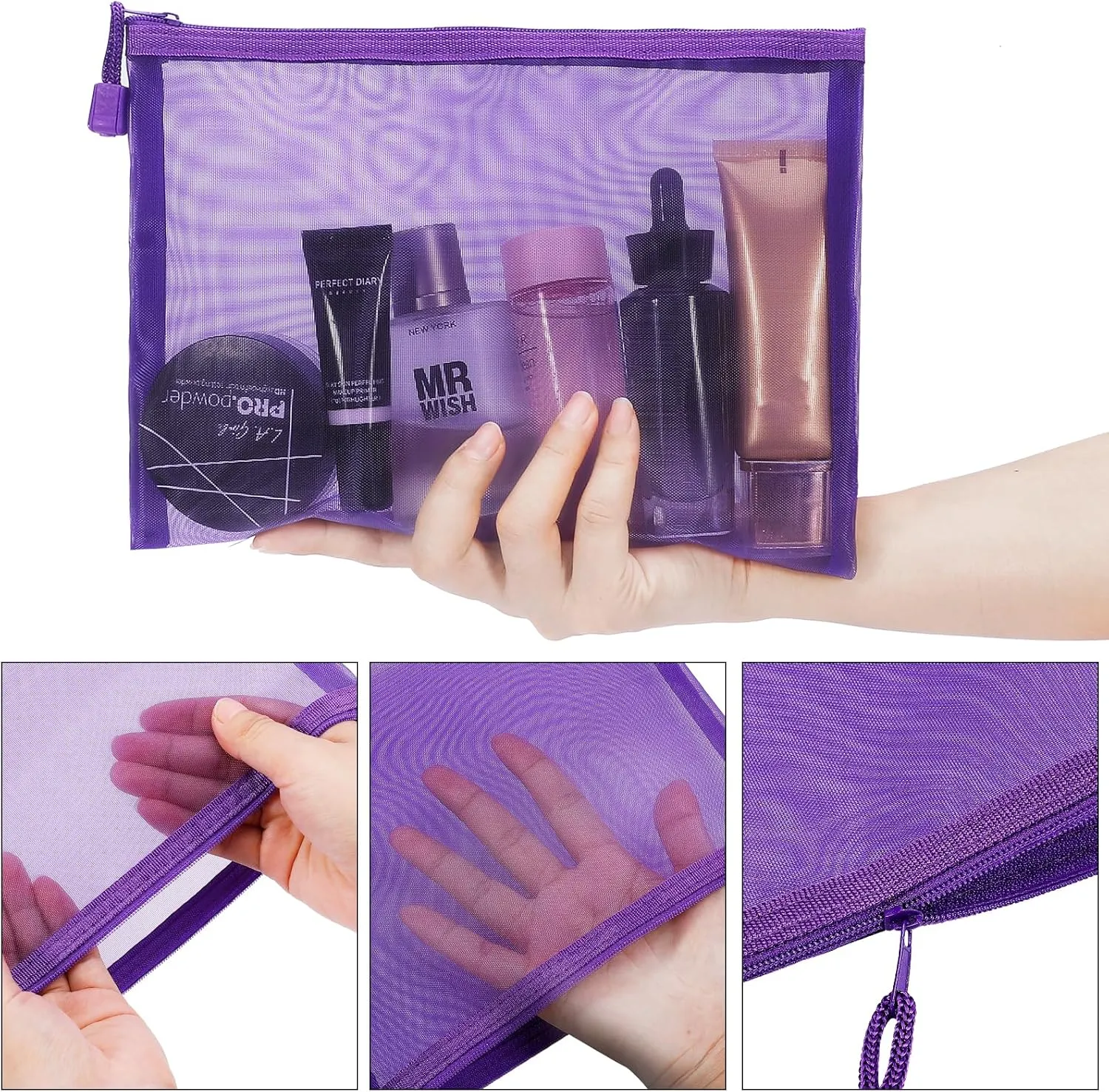 12 Pieces Zipper Nylon Mesh Pouch, Mesh Cosmetic Bags Makeup Bags Pencil Case, Multipurpose Travel Bags for Cosmetic School Office Supplies and Travel Accessories (Purple, A5 B6)