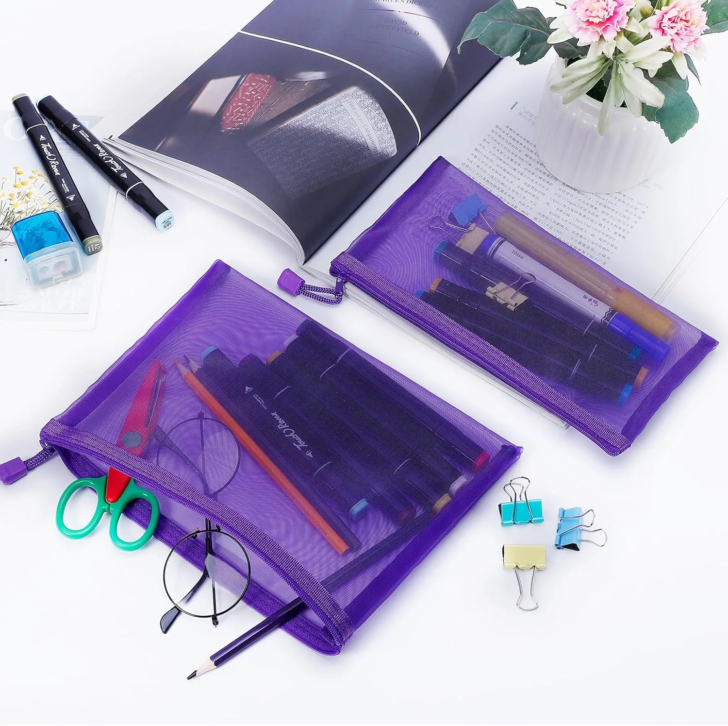 12 Pieces Zipper Nylon Mesh Pouch, Mesh Cosmetic Bags Makeup Bags Pencil Case, Multipurpose Travel Bags for Cosmetic School Office Supplies and Travel Accessories (Purple, A5 B6)