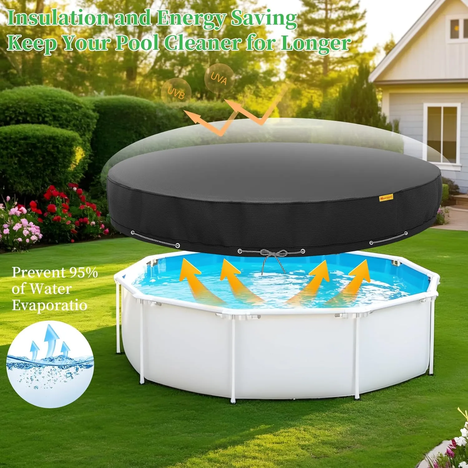 15Ft Round Pool Cover,Heavy Duty Waterproof Round Pool Covers for Above Ground Pools with Ground Nails and Windproof Ropes,Increase Stability&Tear-Resistant, Waterproof and Dustproof, Black