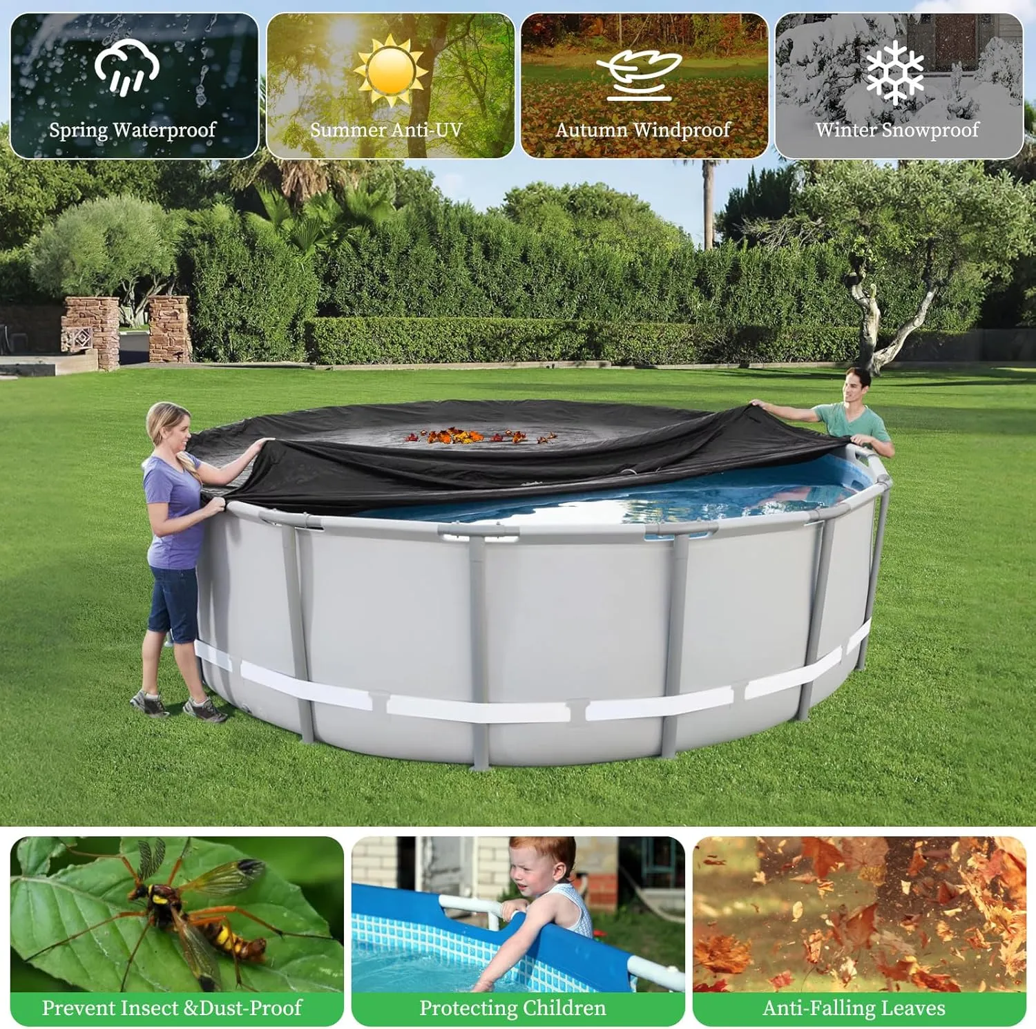 15Ft Round Pool Cover,Heavy Duty Waterproof Round Pool Covers for Above Ground Pools with Ground Nails and Windproof Ropes,Increase Stability&Tear-Resistant, Waterproof and Dustproof, Black