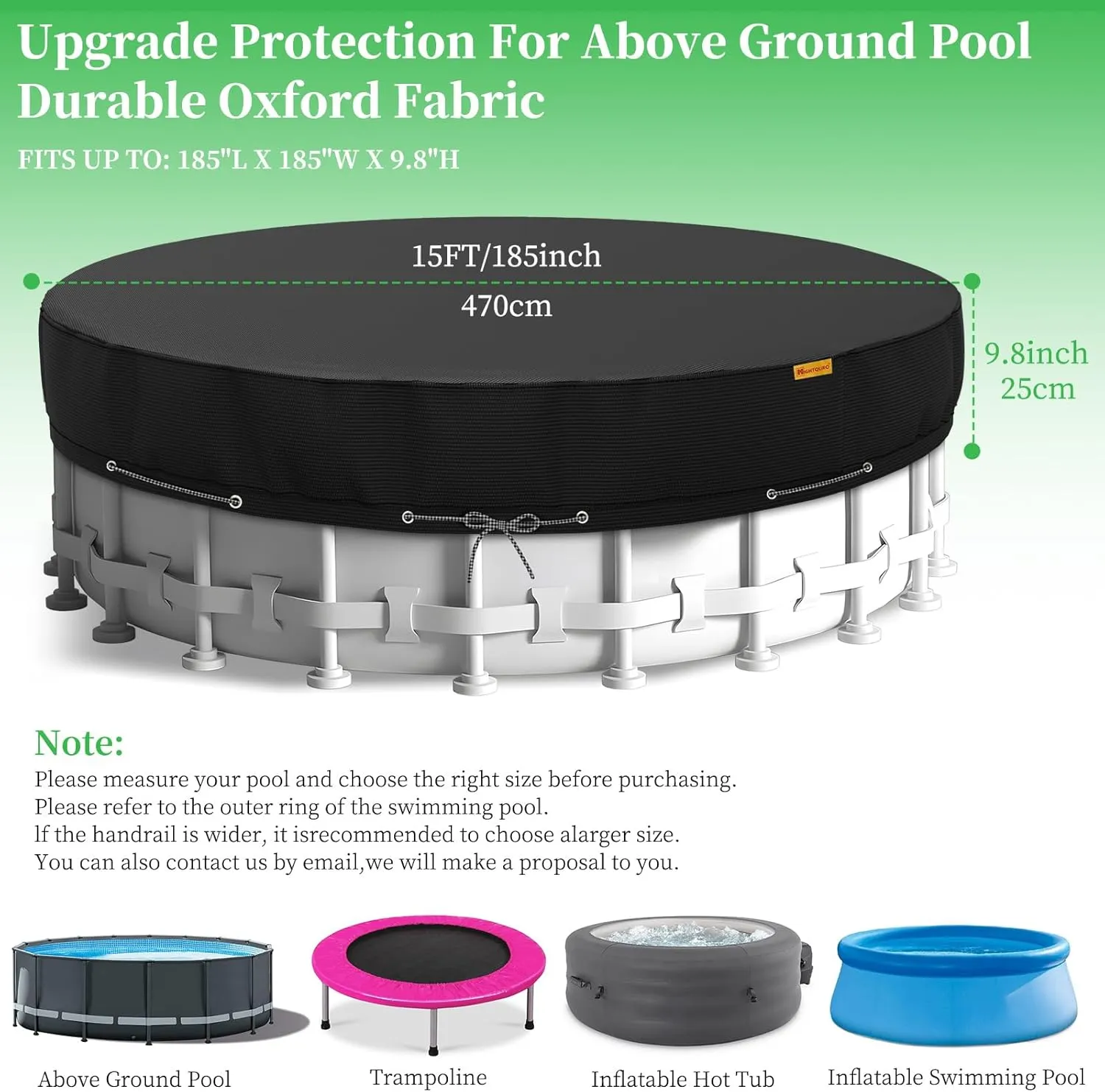 15Ft Round Pool Cover,Heavy Duty Waterproof Round Pool Covers for Above Ground Pools with Ground Nails and Windproof Ropes,Increase Stability&Tear-Resistant, Waterproof and Dustproof, Black