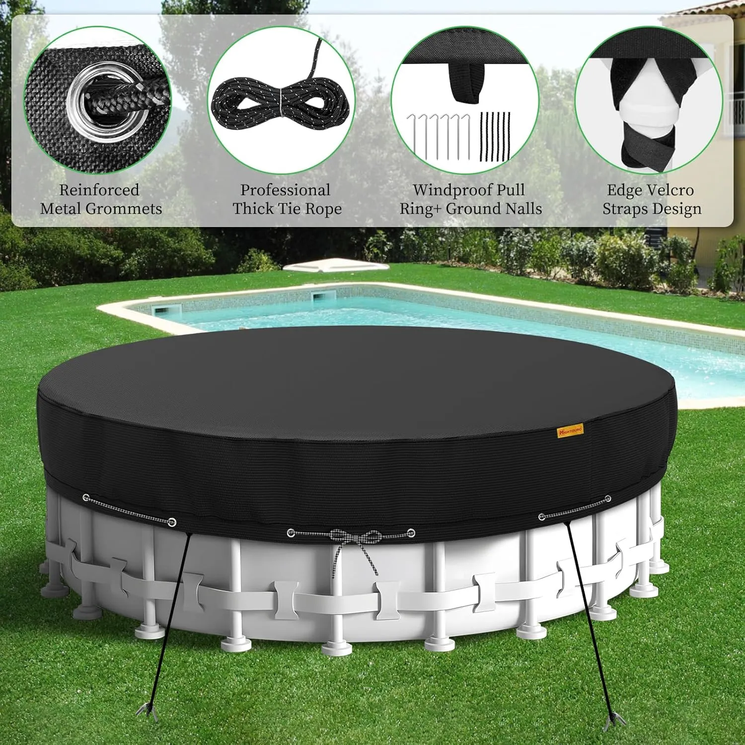 15Ft Round Pool Cover,Heavy Duty Waterproof Round Pool Covers for Above Ground Pools with Ground Nails and Windproof Ropes,Increase Stability&Tear-Resistant, Waterproof and Dustproof, Black