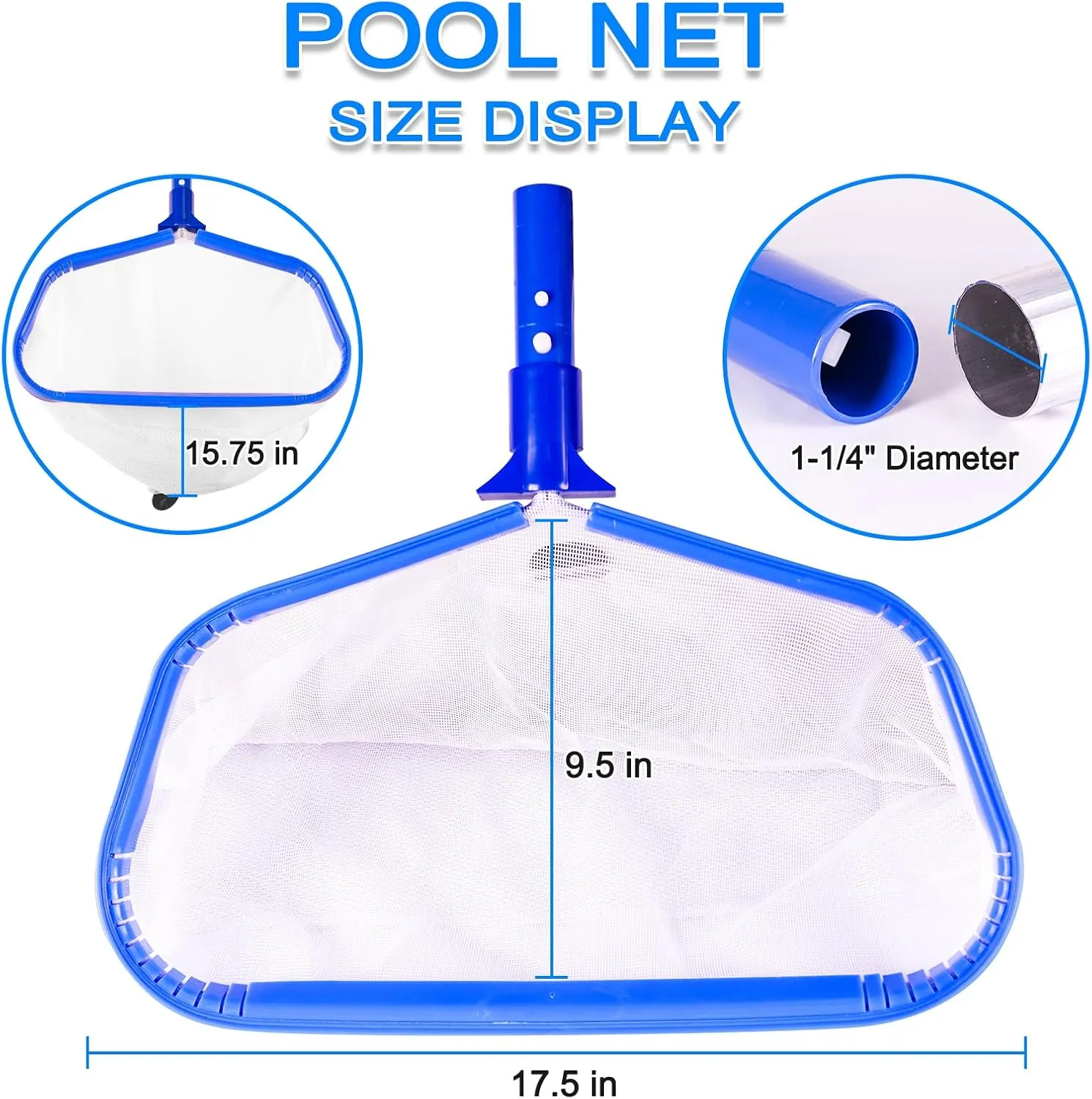 17.5" Heavy Duty Pool Skimmer Net - Extra Wide Aluminum Frame, Ultra-Fine Mesh Deep Bag for Leaves, Sand, Pollen - Above & In-Ground Pool Cleaning Tool (No Pole)