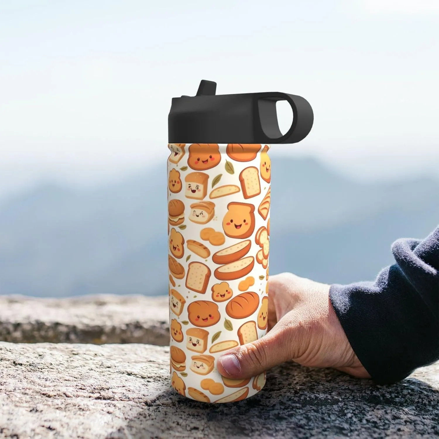 18 oz Funny Bread Double Wall Insulated Water Bottle with Straw and Lid, Stainless Steel Sports Bottles Fall Leaf Travel Mug for Home Office