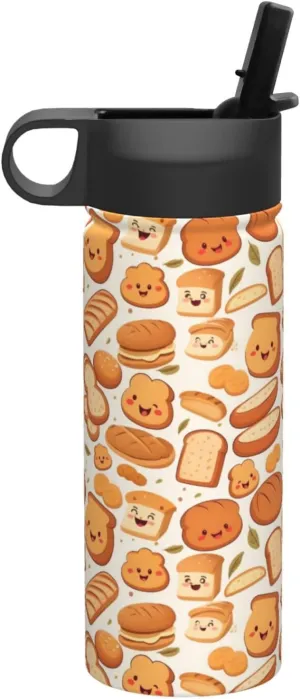 18 oz Funny Bread Double Wall Insulated Water Bottle with Straw and Lid, Stainless Steel Sports Bottles Fall Leaf Travel Mug for Home Office