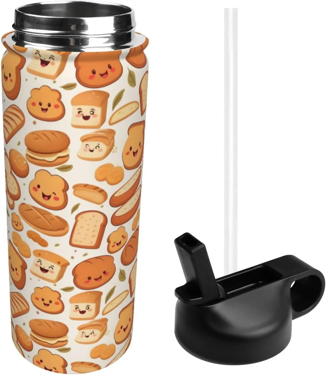 18 oz Funny Bread Double Wall Insulated Water Bottle with Straw and Lid, Stainless Steel Sports Bottles Fall Leaf Travel Mug for Home Office