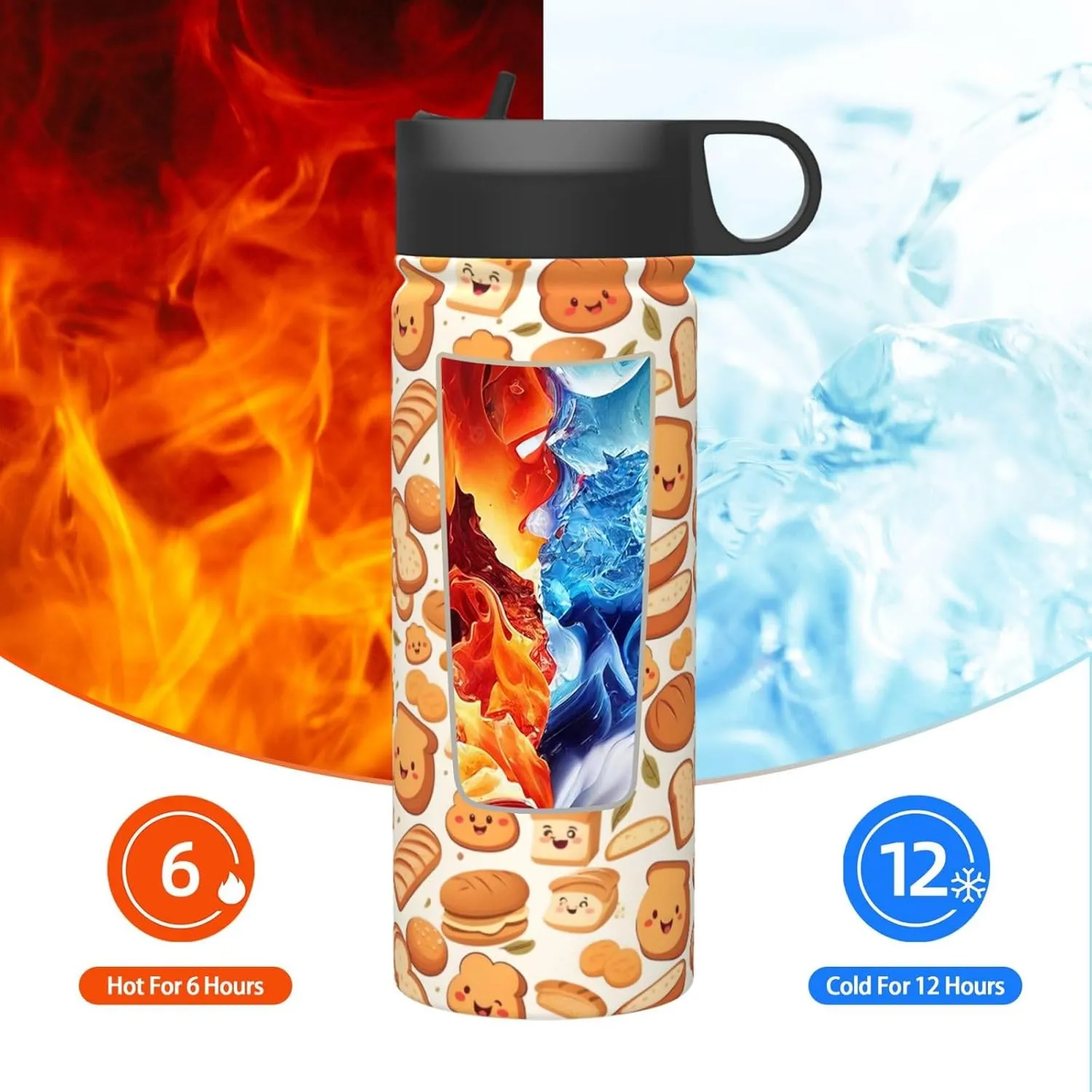 18 oz Funny Bread Double Wall Insulated Water Bottle with Straw and Lid, Stainless Steel Sports Bottles Fall Leaf Travel Mug for Home Office