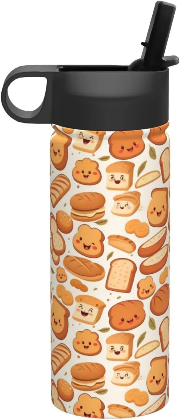 18 oz Funny Bread Double Wall Insulated Water Bottle with Straw and Lid, Stainless Steel Sports Bottles Fall Leaf Travel Mug for Home Office