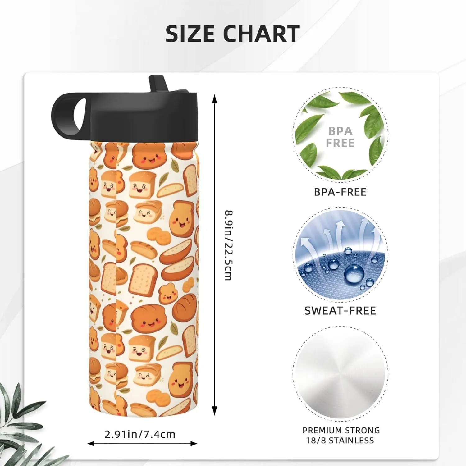 18 oz Funny Bread Double Wall Insulated Water Bottle with Straw and Lid, Stainless Steel Sports Bottles Fall Leaf Travel Mug for Home Office