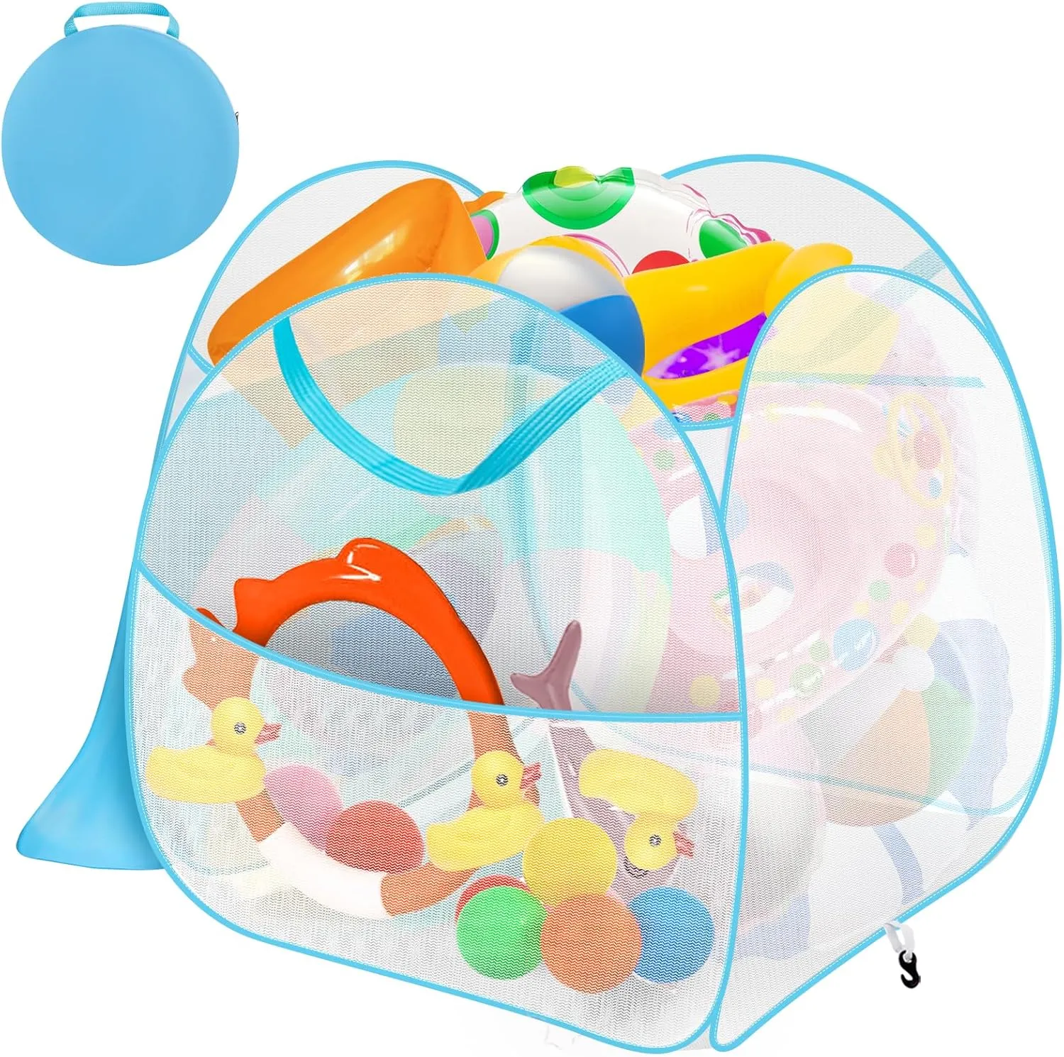 2-in-1 Pool Float Storage Bin, 30" x 30" x 30" Mesh Pool Toy Storage Organizer with Cover & Pockets, Floor/Hanging Pool Toy Net Storage Bag for Floats Inflatable Toys Beach Ball