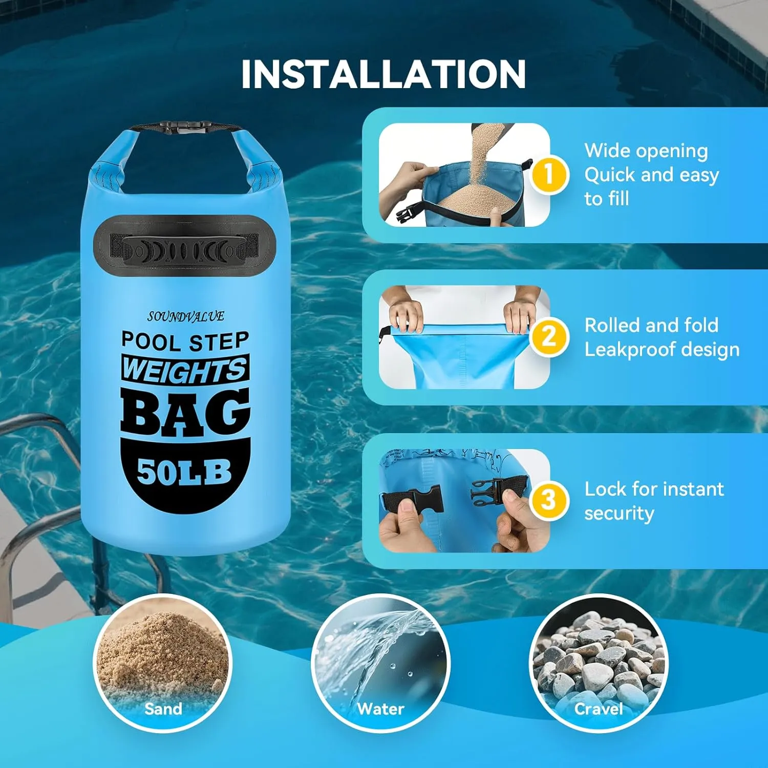 2 Pack 50lb Heavy Duty Pool Ladder Weights, Universal Above Ground Pool Step Sand Bags with Handles, 500D PVC Durable Waterproof & Foldable Sandbags for Swimming Pool Stairs (Sky Blue)
