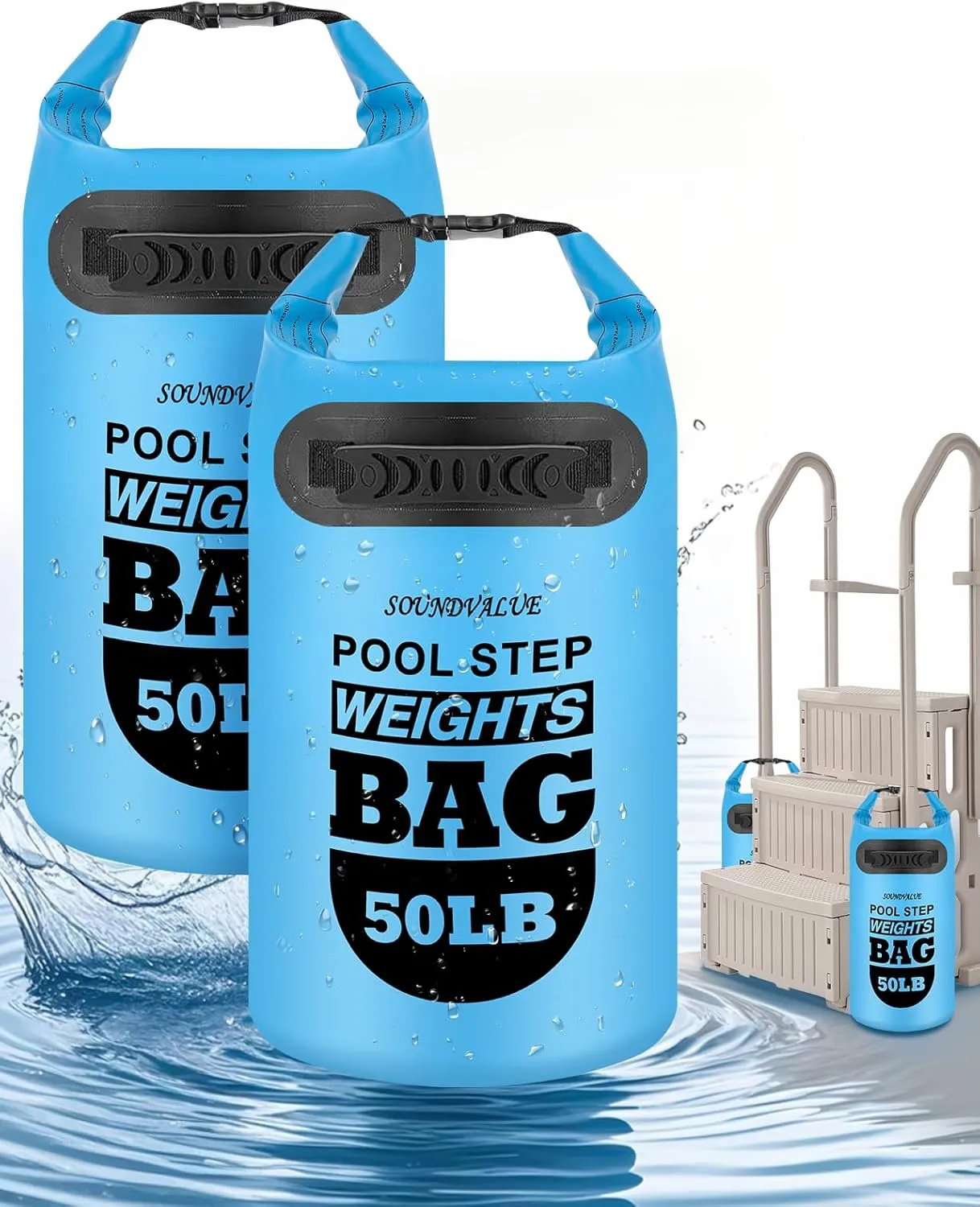 2 Pack 50lb Heavy Duty Pool Ladder Weights, Universal Above Ground Pool Step Sand Bags with Handles, 500D PVC Durable Waterproof & Foldable Sandbags for Swimming Pool Stairs (Sky Blue)