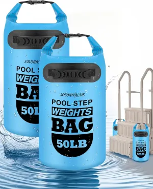 2 Pack 50lb Heavy Duty Pool Ladder Weights, Universal Above Ground Pool Step Sand Bags with Handles, 500D PVC Durable Waterproof & Foldable Sandbags for Swimming Pool Stairs (Sky Blue)
