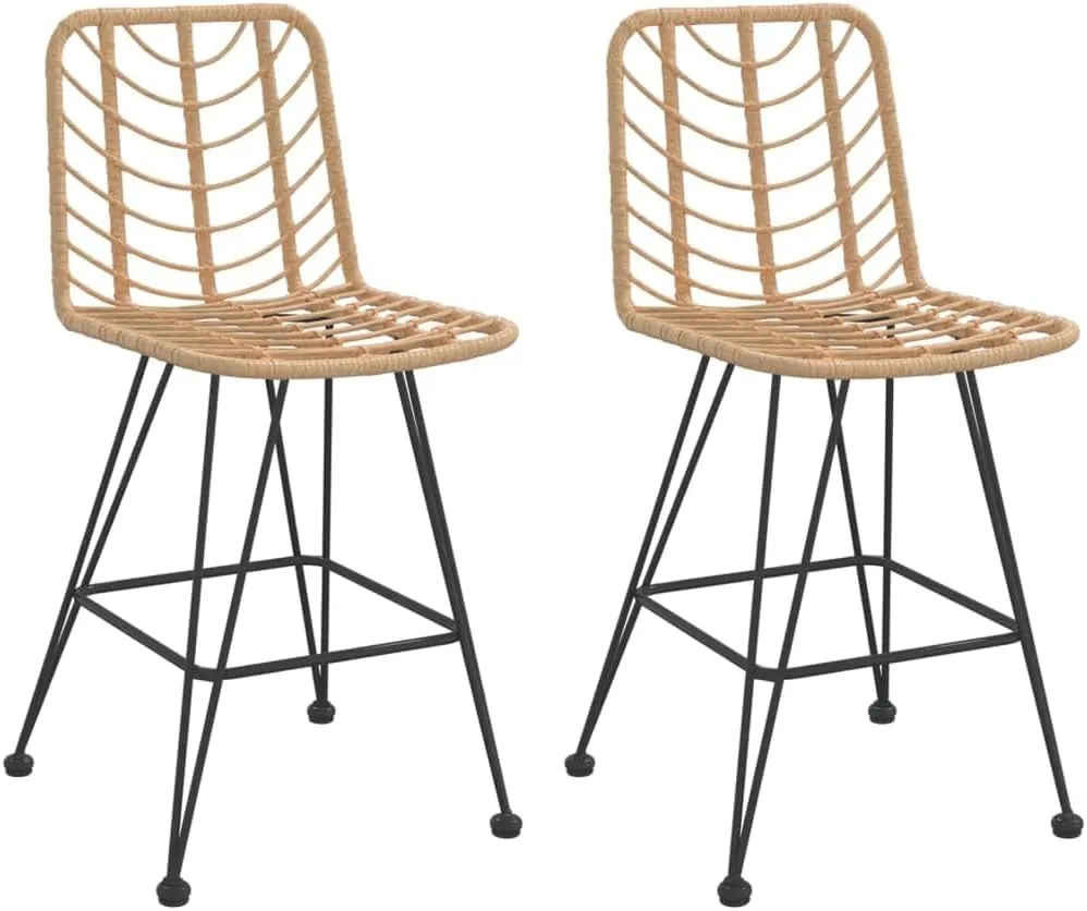 2 Pack Bar Stools 27.6" Height PE Rattan and Steel Frame Outdoor Patio Chairs for Garden Balcony Poolside Lounge Comfortable Backrest and Footrest