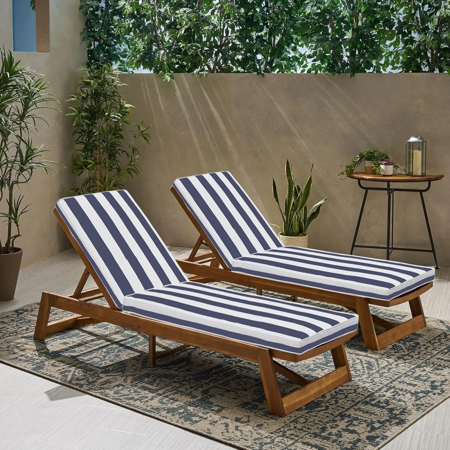 2-Pack Chaise Lounge Chair Cushions, Waterproof/Fade Resistant, Outdoor Indoor Use for Patio, Backyard, Poolside & Deck (2, Blue & White Stripe)