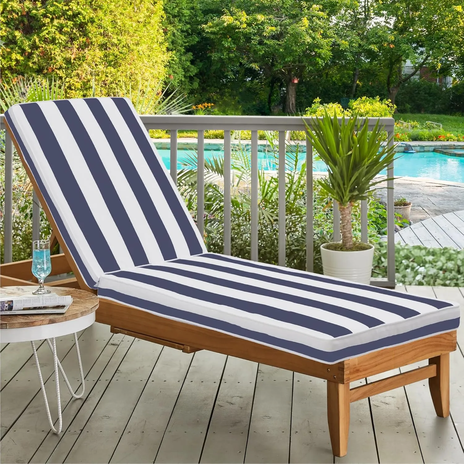 2-Pack Chaise Lounge Chair Cushions, Waterproof/Fade Resistant, Outdoor Indoor Use for Patio, Backyard, Poolside & Deck (2, Blue & White Stripe)