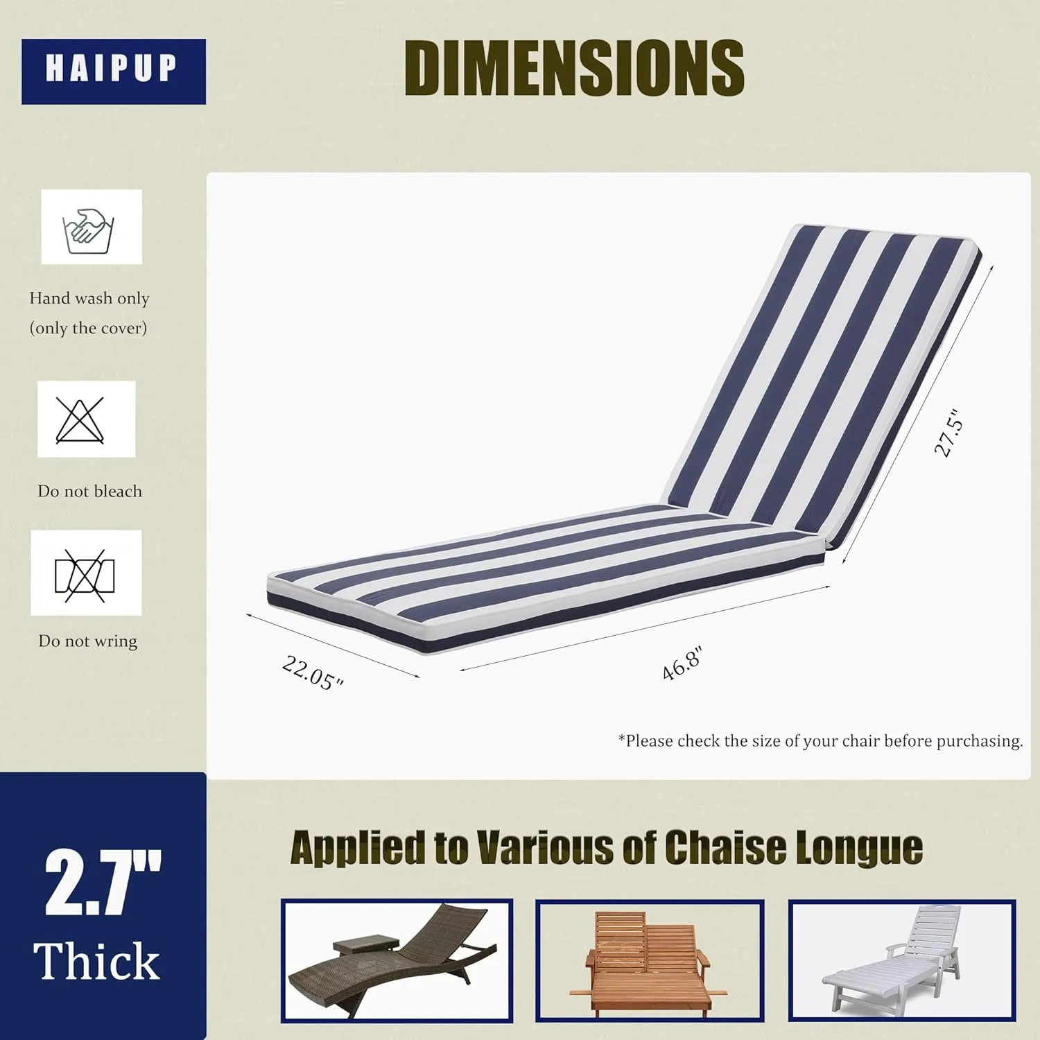 2-Pack Chaise Lounge Chair Cushions, Waterproof/Fade Resistant, Outdoor Indoor Use for Patio, Backyard, Poolside & Deck (2, Blue & White Stripe)