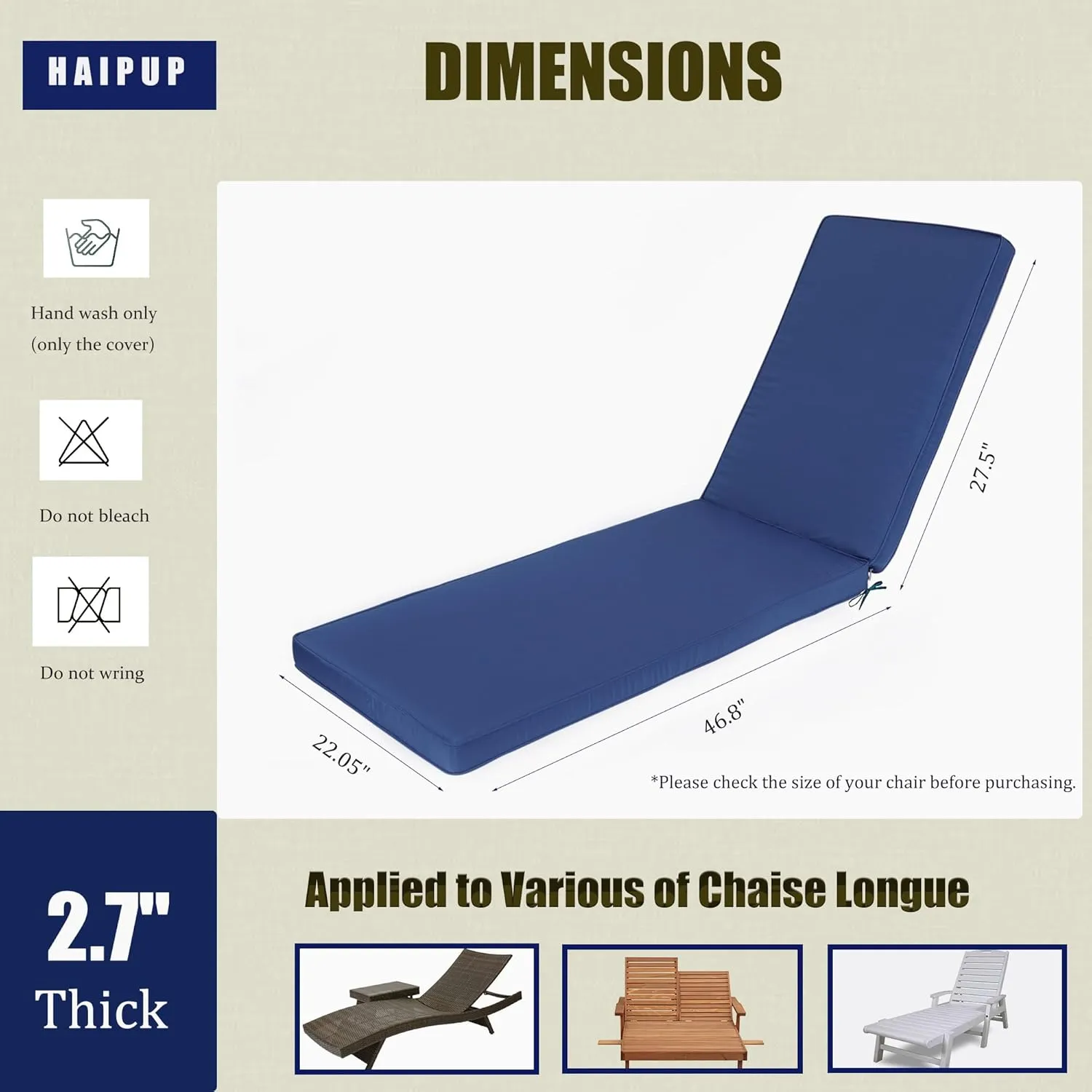 2-Pack Chaise Lounge Chair Cushions, Waterproof/Fade Resistant, Outdoor Indoor Use for Patio, Backyard, Poolside & Deck(2, Navy Blue)