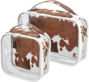 2 Pack Clear Makeup Bag, Brown Cow Calf Animal Fur Print Car Pouches For Organization Waterproof Travel Toiletry Bags For Women Girl