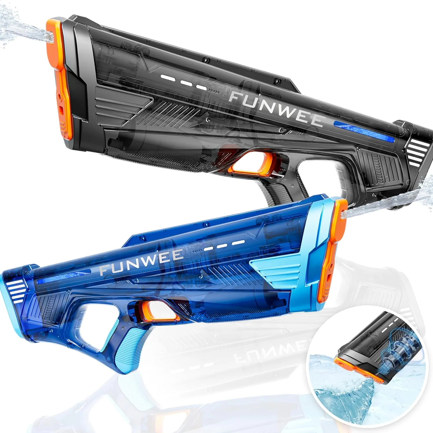 2 Pack Electric Water Gun for Adults Kid, Powerful Automatic Squirt Gun, High Powered Shooting 100  Times, Long Range Auto Water Blaster, Pool Outdoor Water Toy(Transparent Black Blue)