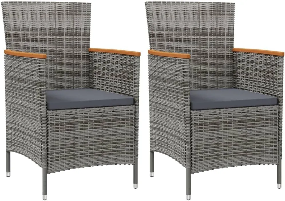 2 Pack Gray Poly Rattan Patio Dining Chairs with Cushions, Outdoor Furniture for Garden, Poolside, Backyard, Acacia Wood Armrests, Ergonomic Design, Lightweight and Easy to Clean