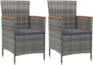 2 Pack Gray Poly Rattan Patio Dining Chairs with Cushions, Outdoor Furniture for Garden, Poolside, Backyard, Acacia Wood Armrests, Ergonomic Design, Lightweight and Easy to Clean