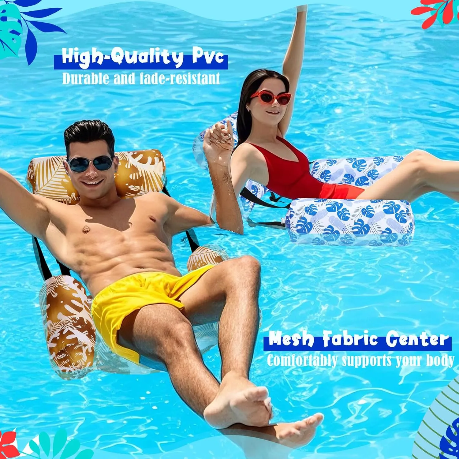 2 Pack Large Pool Chair Floats Adult Inflatable Pool Lounge Chair Summer Pattern Water Floating Chair Adjustable Pool Float Hammock for Swimming Pool Beach Party Game