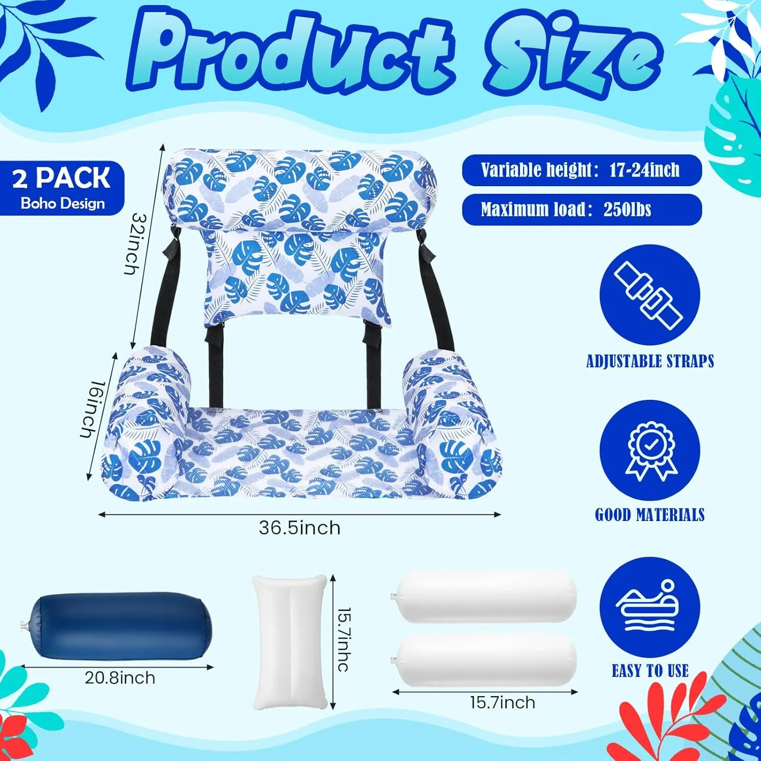 2 Pack Large Pool Chair Floats Adult Inflatable Pool Lounge Chair Summer Pattern Water Floating Chair Adjustable Pool Float Hammock for Swimming Pool Beach Party Game