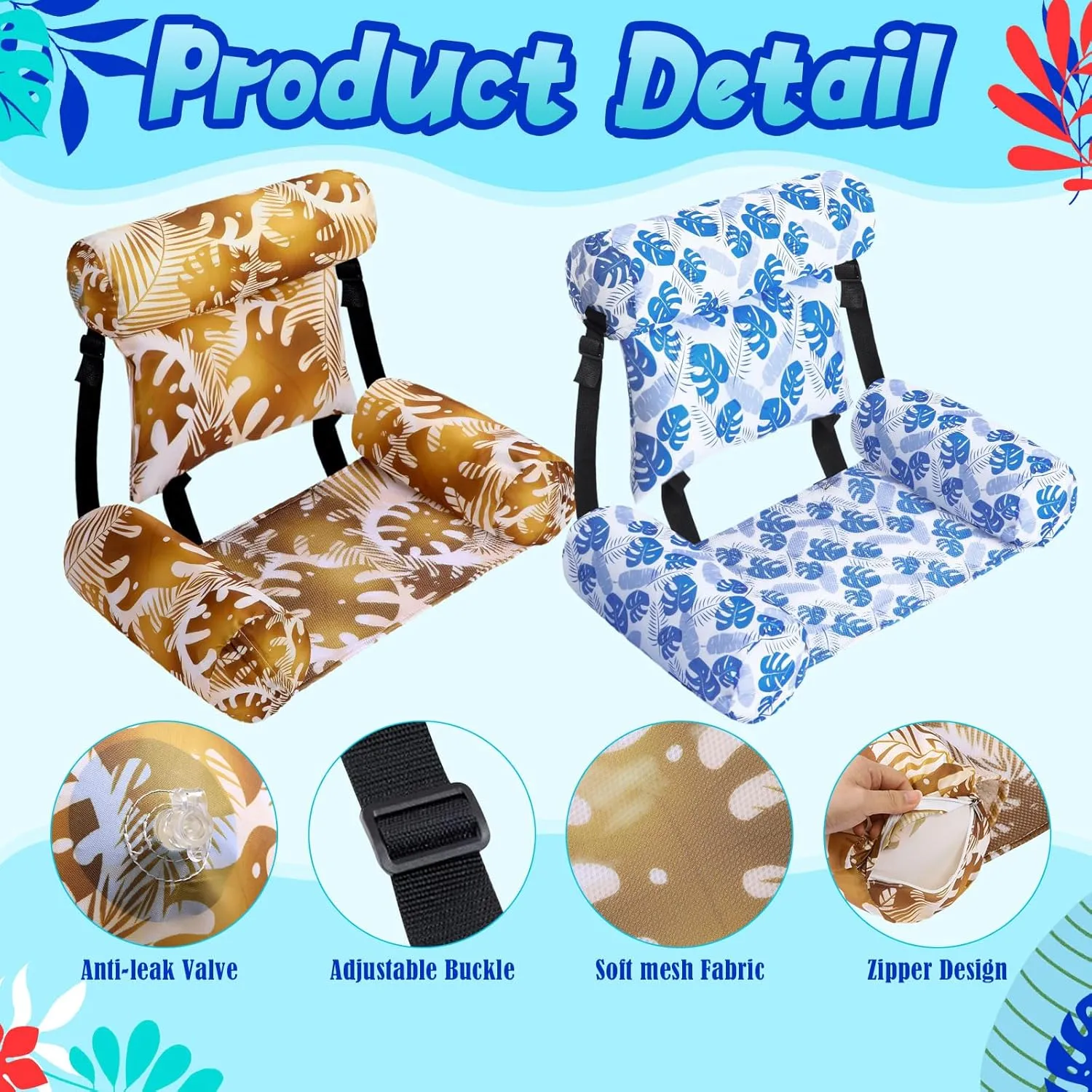 2 Pack Large Pool Chair Floats Adult Inflatable Pool Lounge Chair Summer Pattern Water Floating Chair Adjustable Pool Float Hammock for Swimming Pool Beach Party Game