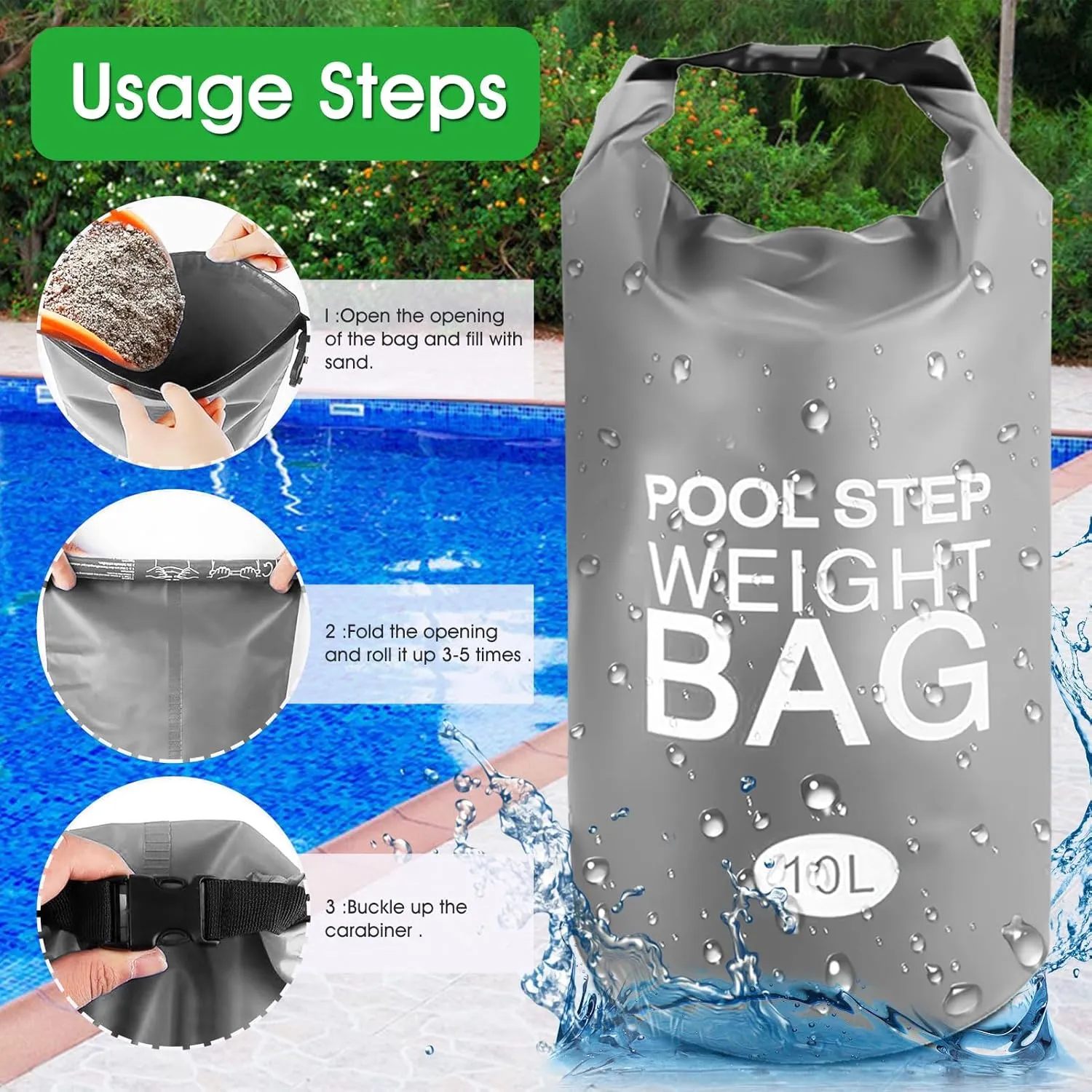 2 Pack Pool Step Weights, 500D PVC Waterproof Heavy Duty Pool Ladder Sand Bags for Weight with Nylon Handle, 10L Universal Pool Step Weights/Pool Ladder Weights for Above Ground Pools (Gray)