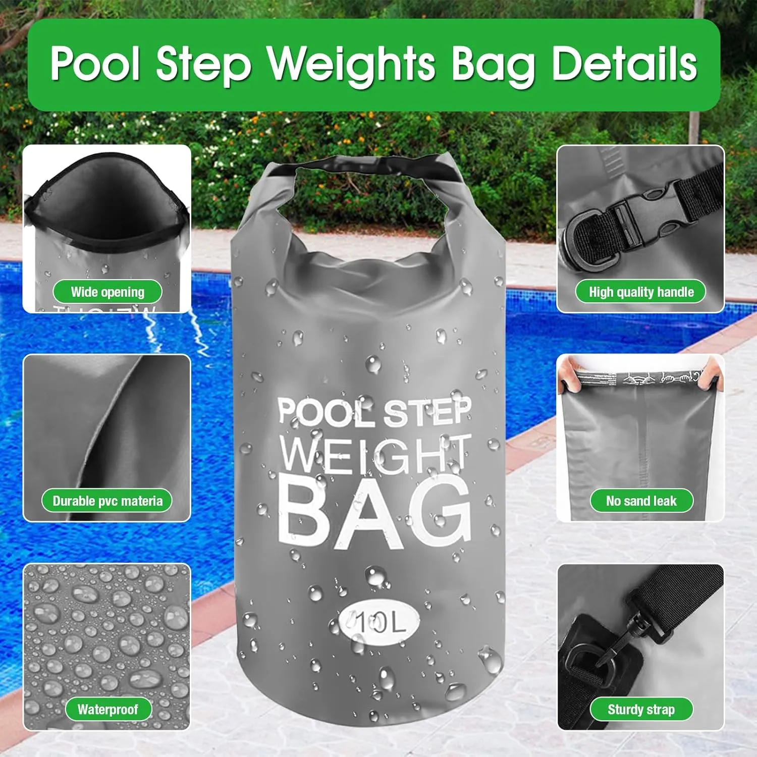 2 Pack Pool Step Weights, 500D PVC Waterproof Heavy Duty Pool Ladder Sand Bags for Weight with Nylon Handle, 10L Universal Pool Step Weights/Pool Ladder Weights for Above Ground Pools (Gray)