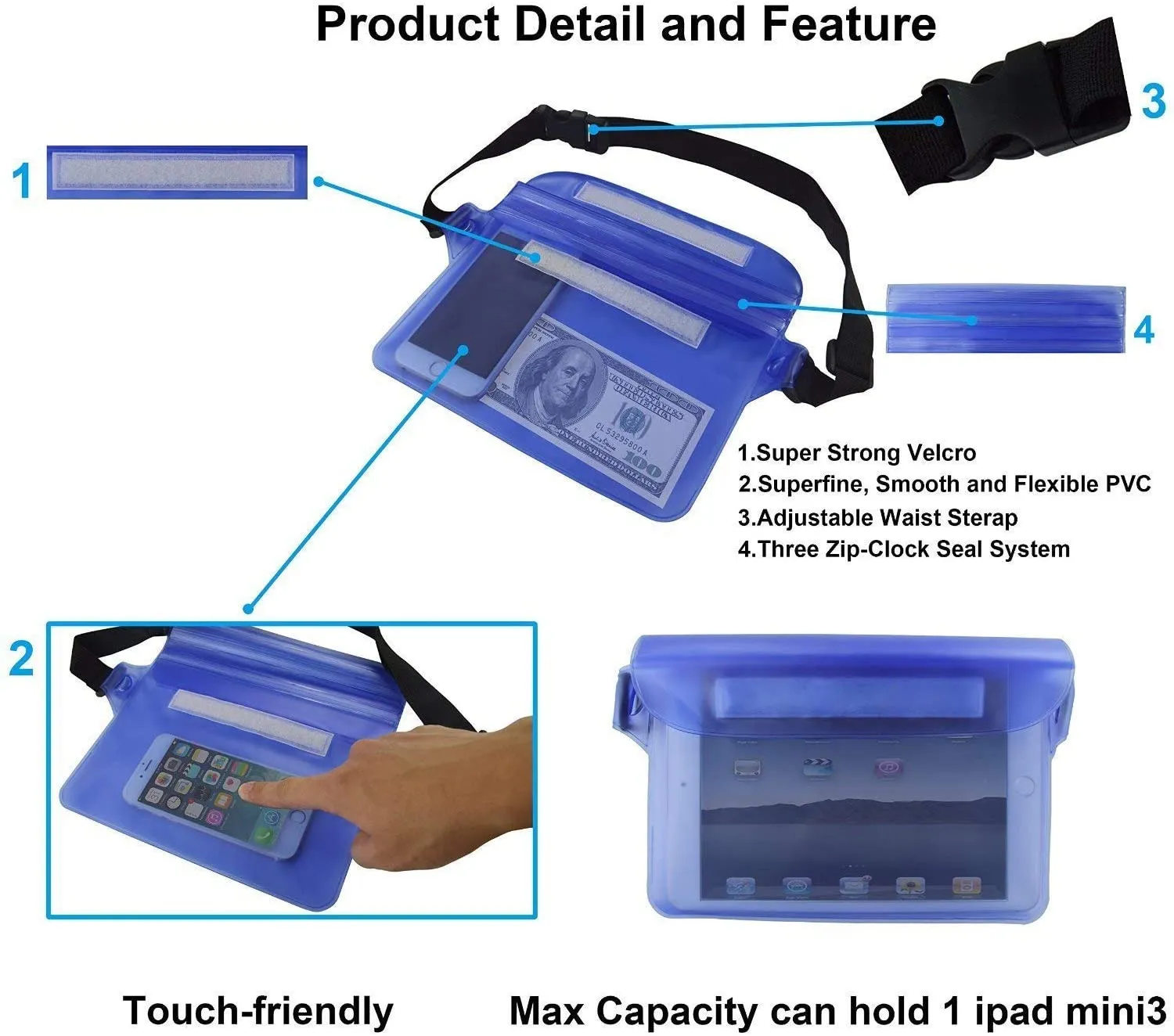 2 Pack Waterproof Pouch Bag, Waterproof Dry Bag Case with Waist Strap