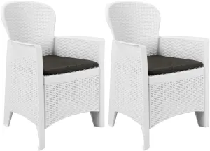 2-Pack White Plastic Patio Chairs with Seat Cushions Rattan Look Outdoor Dining Chairs Lightweight Durable Easy to Clean and Assemble for Garden Terrace Patio Beach Camping Furniture