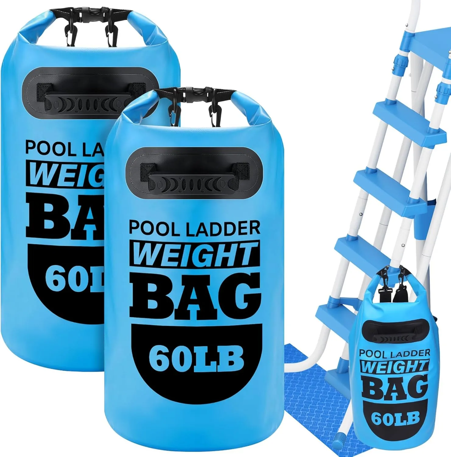 2 Packs Pool Ladder Weights 30L Pool Step Weights with Pool Ladder Mat 500D PVC Waterproof Dry Bag with Heavy-Duty Handle for Above Ground Swimming Pool Steps, Blue