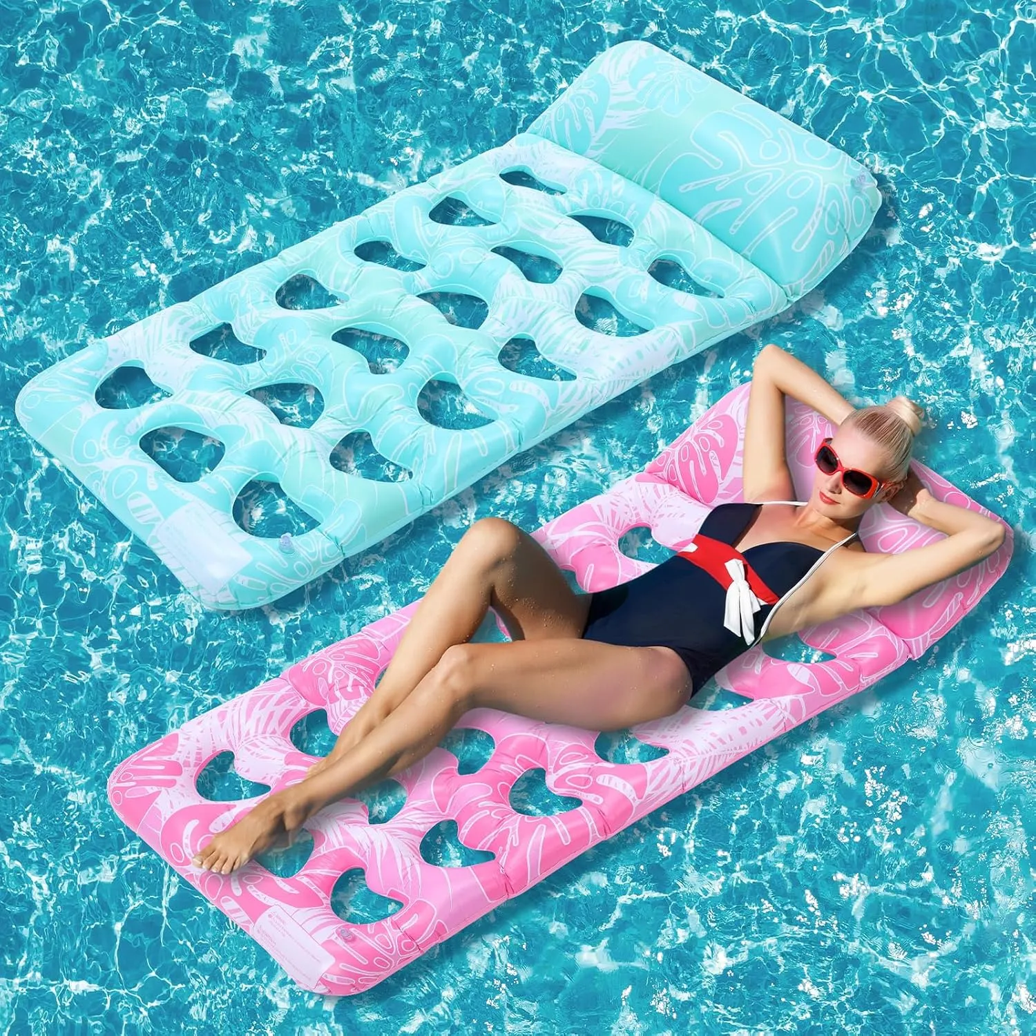2 Pcs Inflatable Pool Float Mat Pool Floaties Rafts with Headrest Loungers Sun Tanning Floaty for Adult Cool Water Hammock Chair for Summer Swimming Pool Lake Beach Party Toys