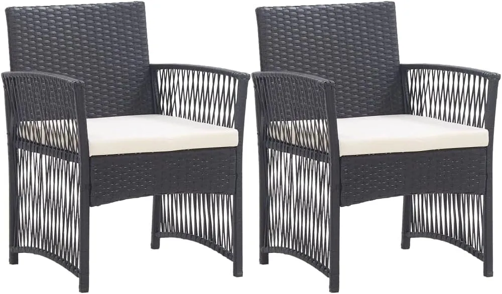 2-Piece Black Patio Armchairs with Cream Cushions, PE Rattan Outdoor Lounge Chairs for Garden Poolside, All-Weather Steel Frame Furniture Set with Removable Padded Seats