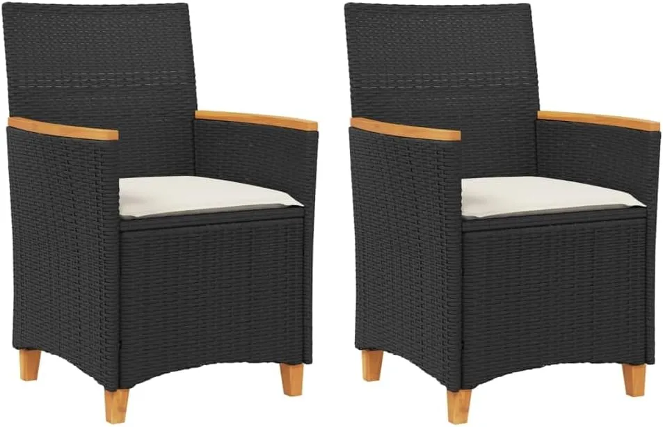 2-Piece Black PE Rattan Patio Chairs with Cream Cushions, Solid Acacia Wood & Steel Frame Outdoor Furniture for Deck, Poolside, Garden